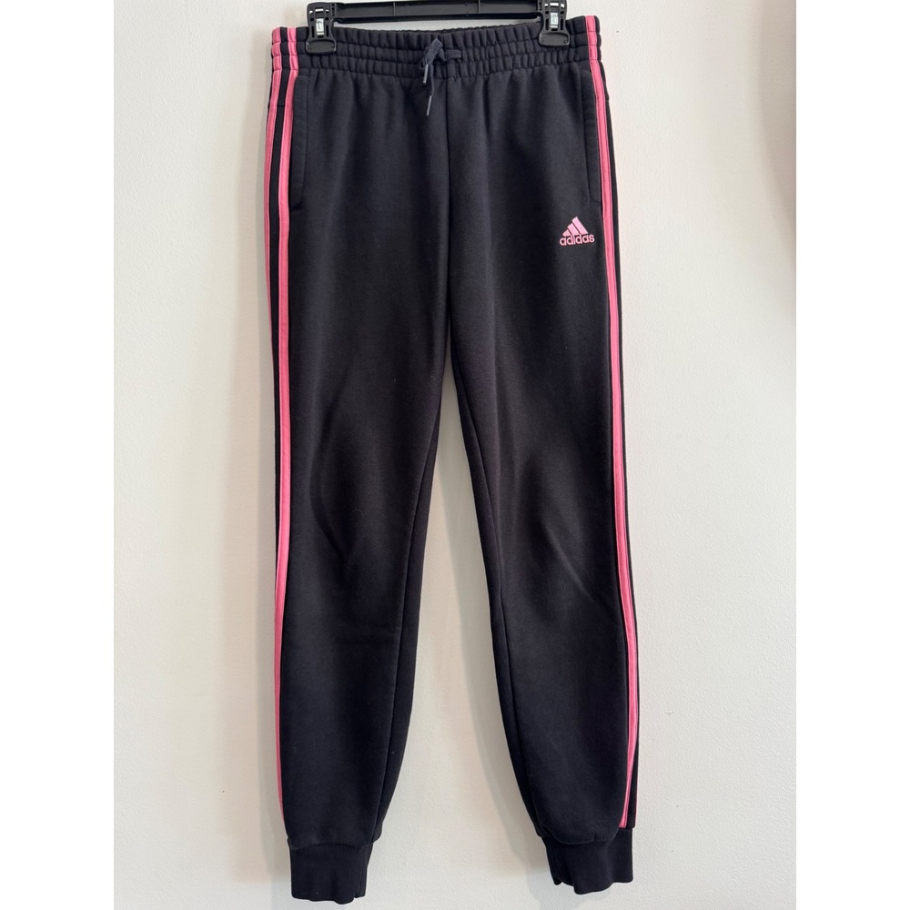 Adidas 3-Stripe Fleece Joggers Women Small Black Pink Activewear Sweatpants